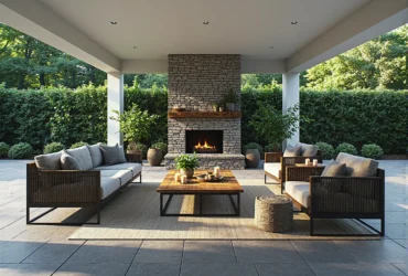 Zestaw mebli ogrodowych rattanowych z szarymi poduszkami i drewnianym stolikiem