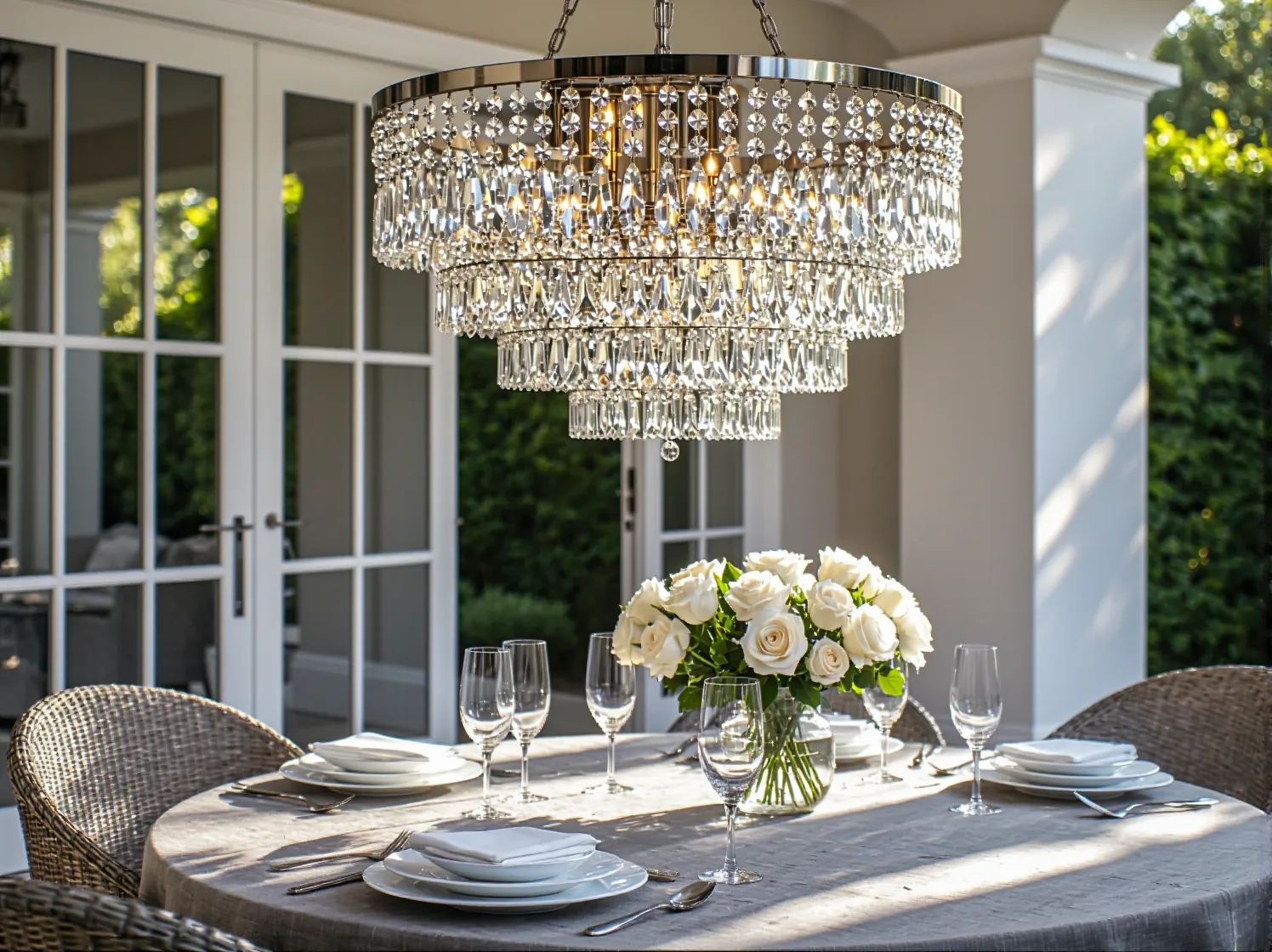 Białe meble ogrodowe na tarasie glamour ozdobione połyskującymi poduszkami i kryształkami.