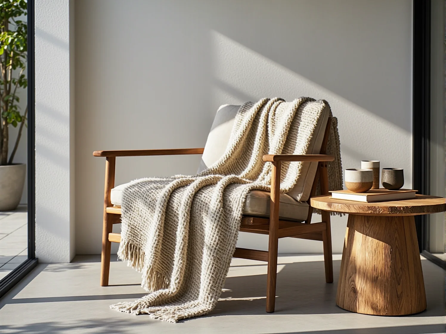 Stylowe meble ogrodowe z naturalnego drewna na tarasie w klimacie japandi.