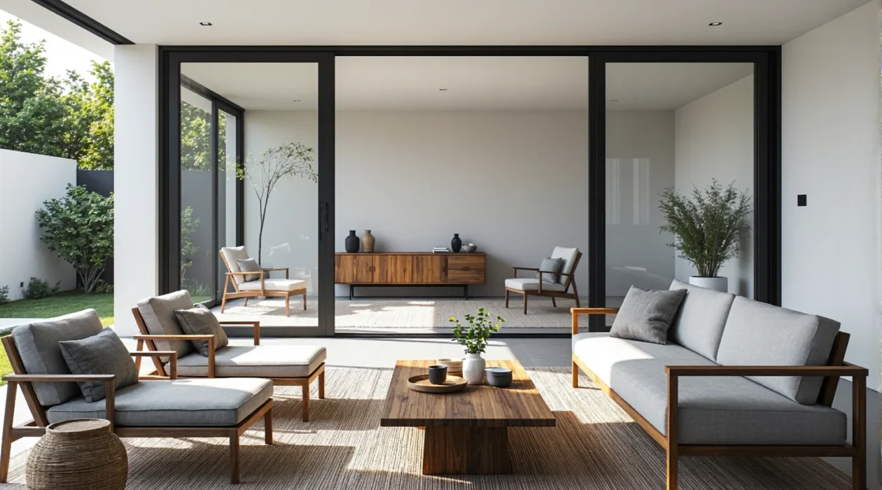 Zestaw mebli ogrodowych drewnianych z szarymi poduszkami