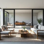 Zestaw mebli ogrodowych drewnianych z szarymi poduszkami