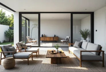 Zestaw mebli ogrodowych drewnianych z szarymi poduszkami