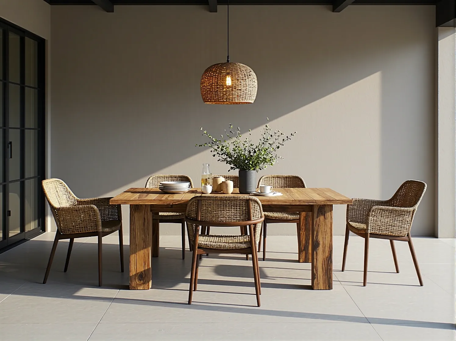 Salonowe meble na tarasie zacierające granice między domem a ogrodem.