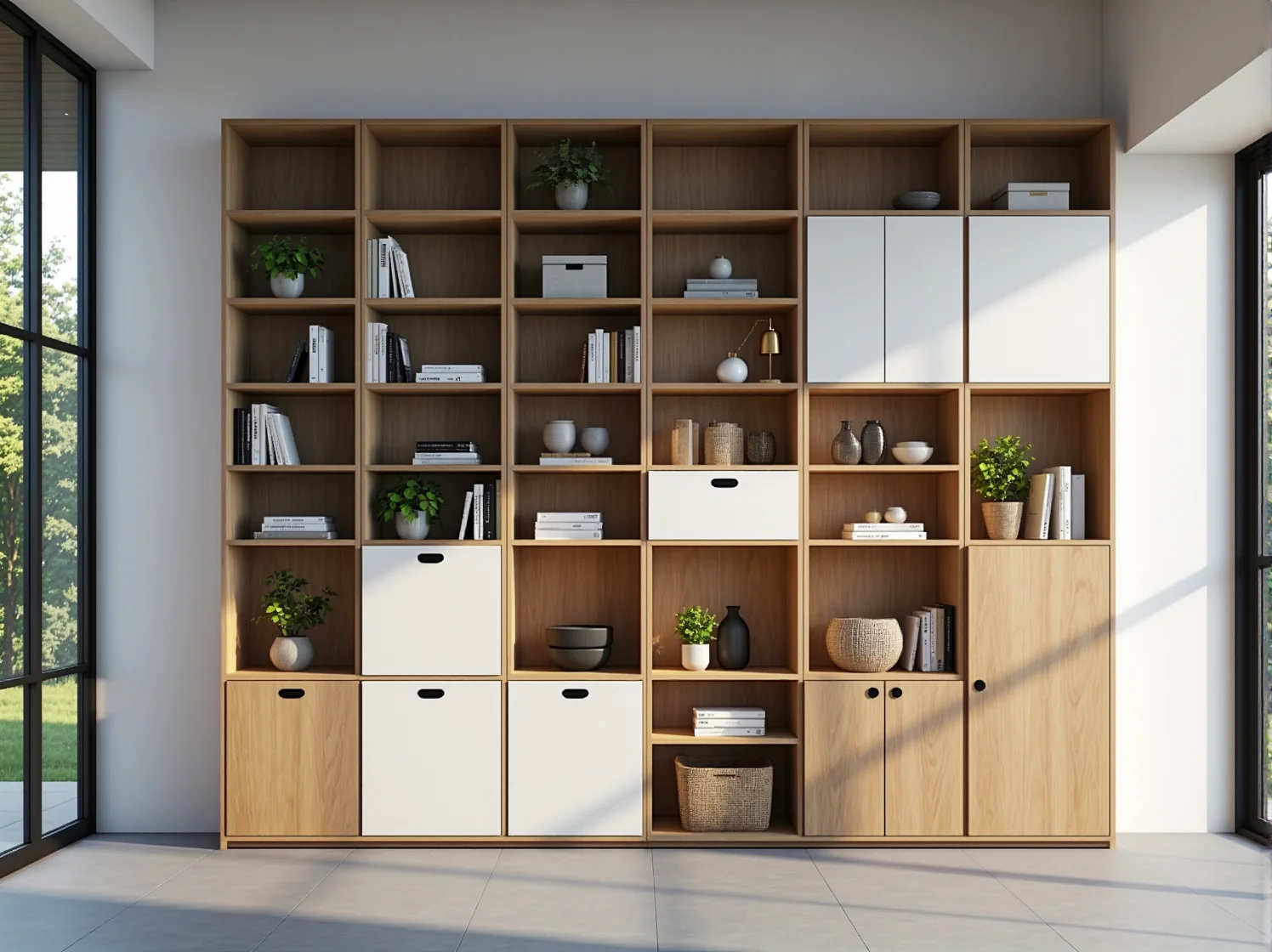 Kompaktowa sofa z funkcją przechowywania i modułowe półki jako kluczowe meble do mikroapartamentu.