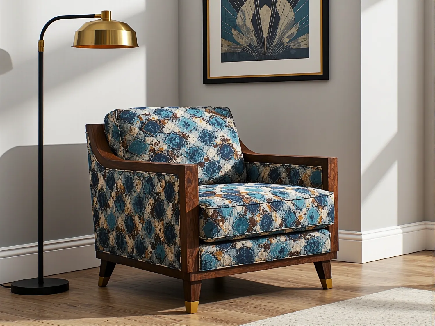 Odnowiony fotel art deco obity granatowym aksamitem – luksusowa metamorfoza starego mebla.