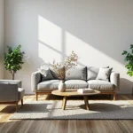 Szara sofa trzyosobowa z drewnianą podstawą i poduszkami