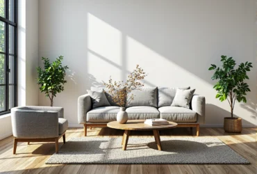 Szara sofa trzyosobowa z drewnianą podstawą i poduszkami