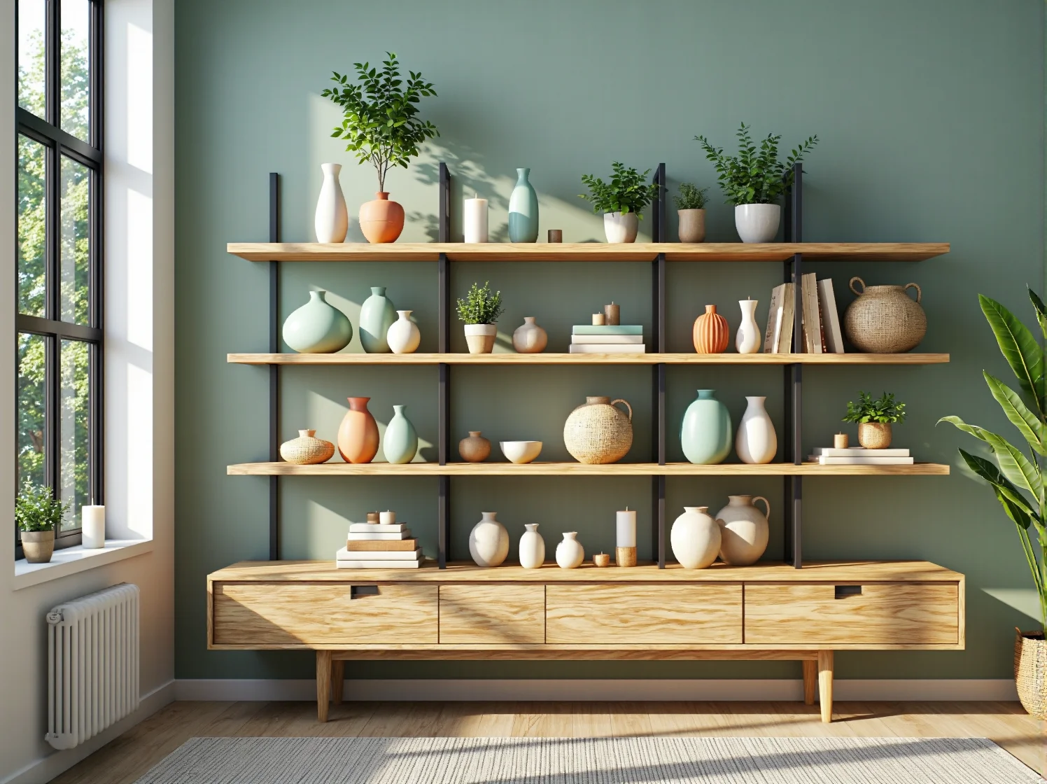 Jasna, minimalistyczna przestrzeń salonu w stylu scandi z białą komodą i dekoracjami w pastelowych odcieniach.