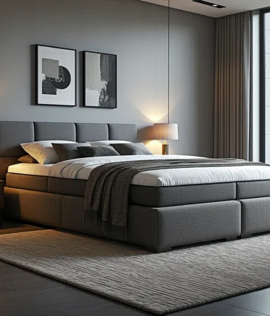 Tapicerowane łóżko kontynentalne szare z wysokim zagłówkiem