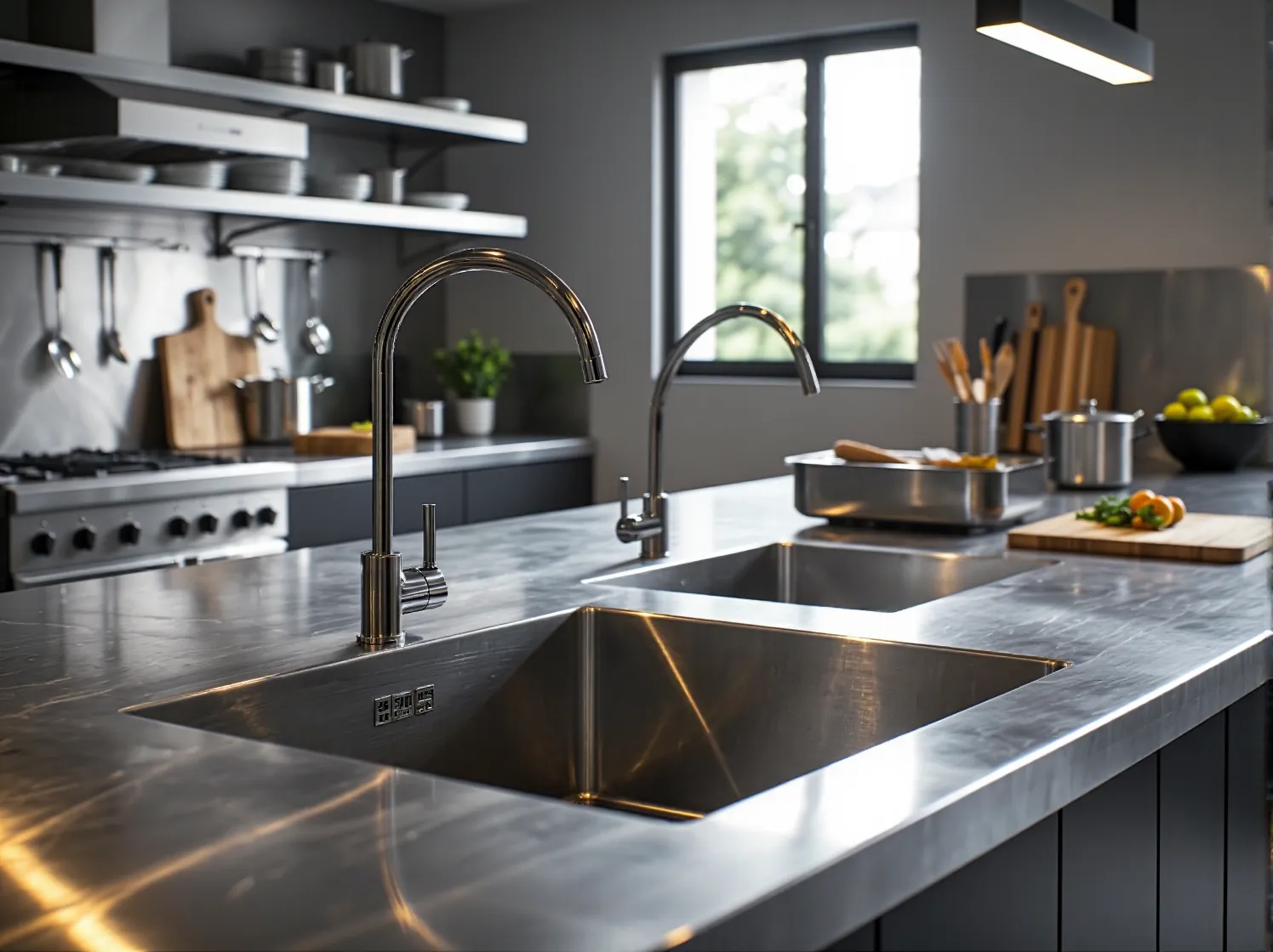 Porównanie próbek materiałów na meble gastronomiczne: stal, lite drewno, płyta HPL oraz kamień.