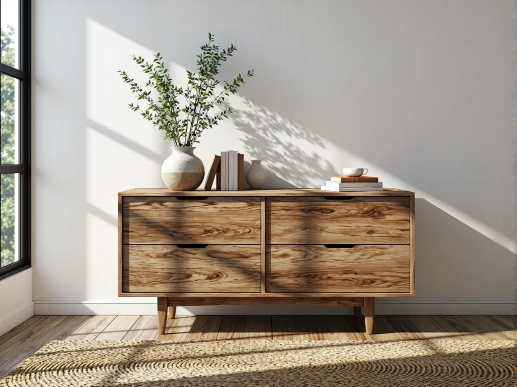 Niska komoda drewniana dąb naturalny z czterema szufladami na nóżkach