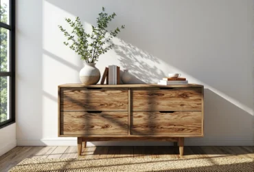 Niska komoda drewniana dąb naturalny z czterema szufladami na nóżkach