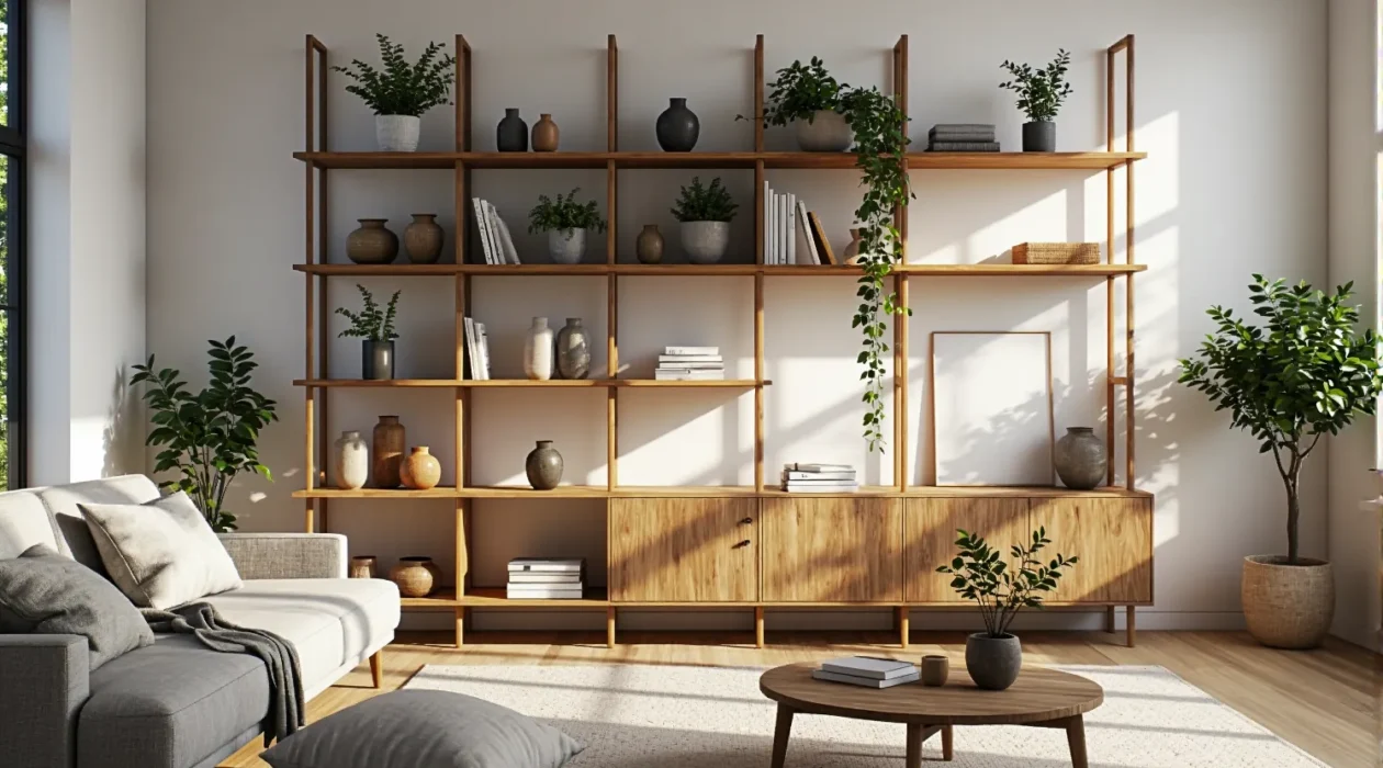 Regał skandynawski dębowy z otwartymi półkami i szafkami