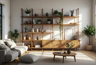 Regał skandynawski dębowy z otwartymi półkami i szafkami