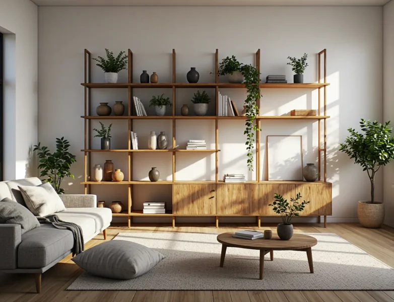Regał skandynawski dębowy z otwartymi półkami i szafkami