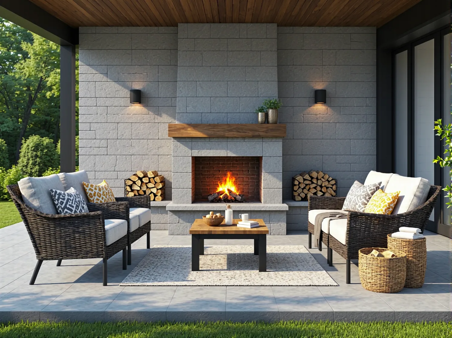 Narożnik ogrodowy z technorattanu tworzący przytulny kącik przy kominku zewnętrznym.