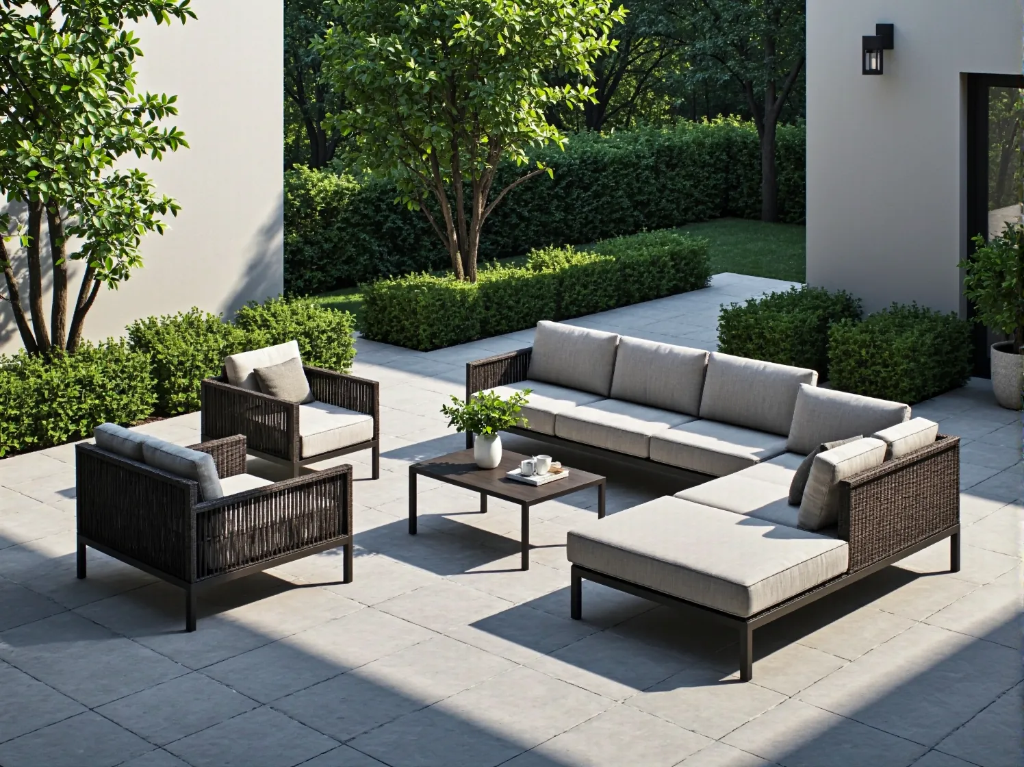 Zbliżenie na narożnik modułowy w ogrodzie, podkreślające jego funkcjonalność i styl.