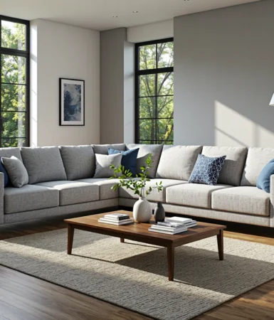 Narożnik tapicerowany szary z tkaniną hydrofobową i poduszkami