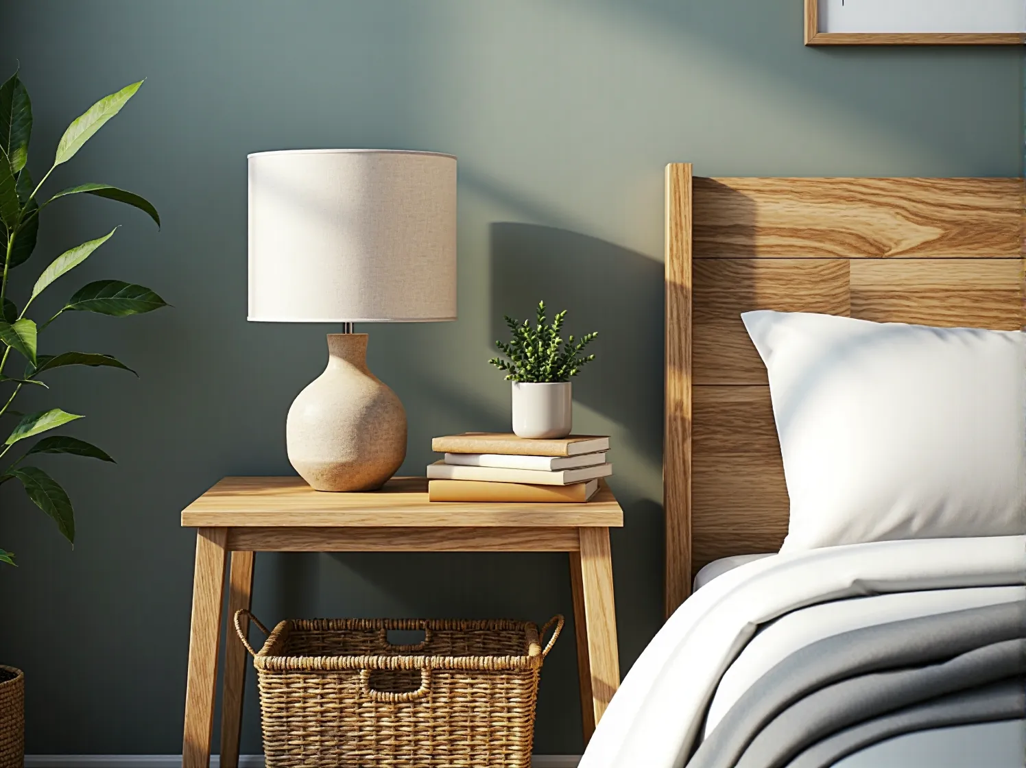 Rattanowy fotel wiszący w przytulnym kącie. Naturalne materiały i meble w stylu boho i eko.