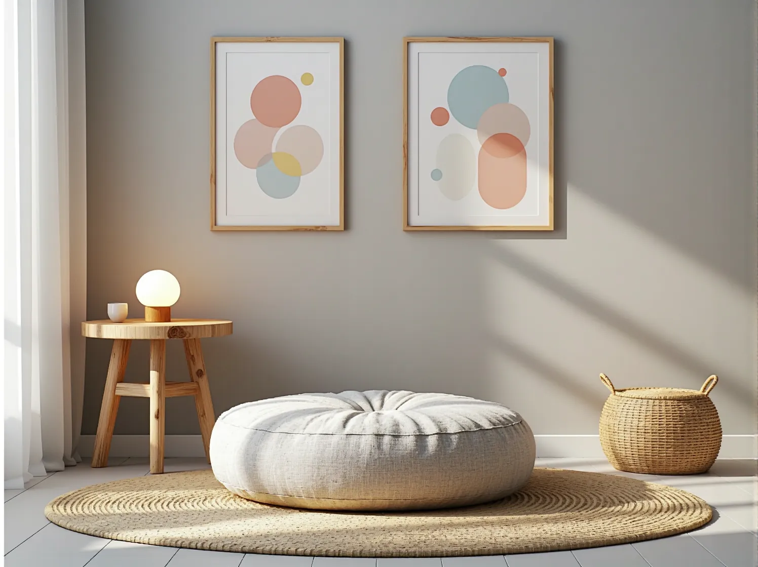 Aranżacja pokoju niemowlaka z wykorzystaniem naturalnych materiałów: drewna i bawełny.