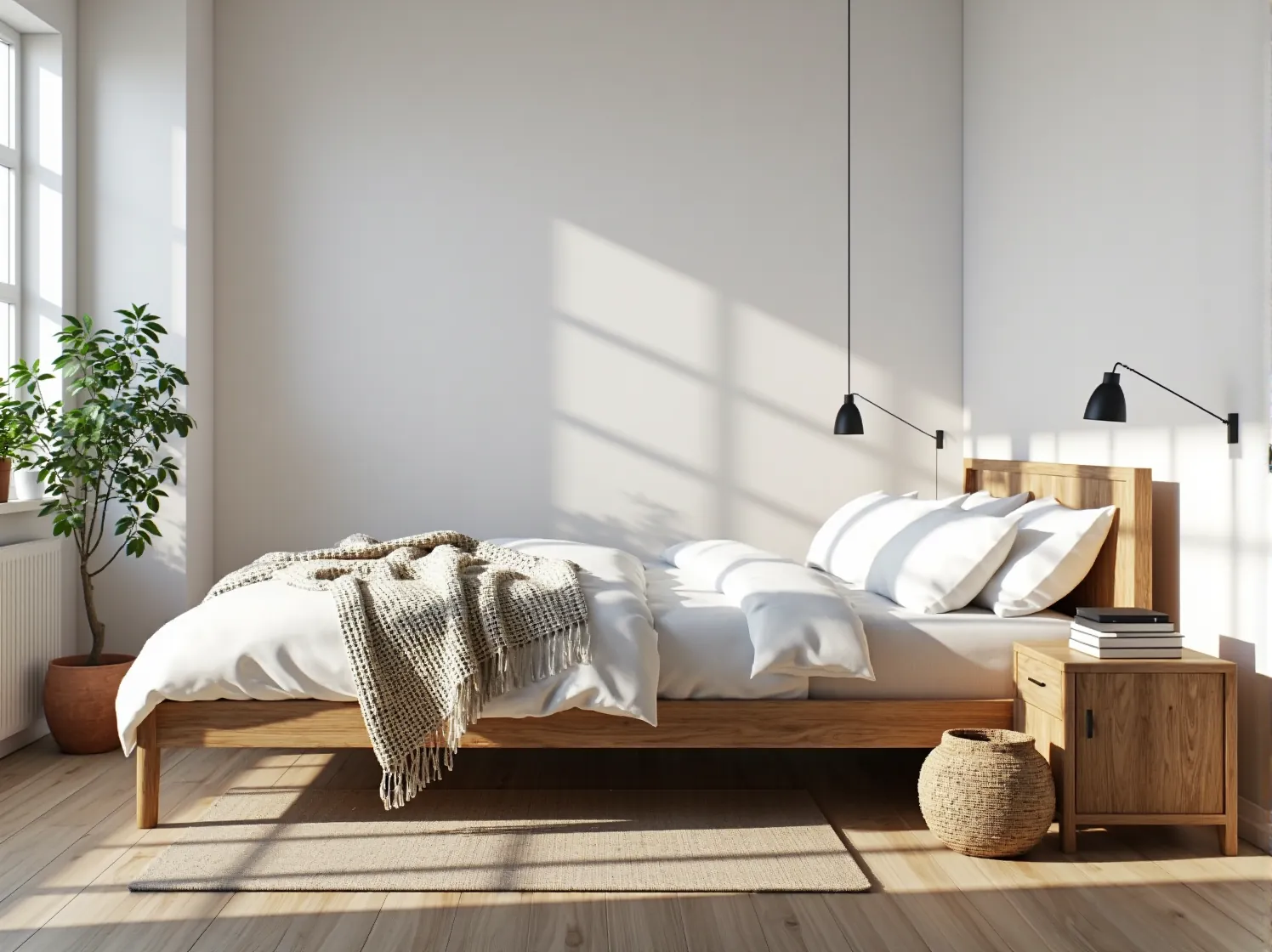 Detal tekstury naturalnego drewna sosnowego wykorzystanego w przytulnej aranżacji sypialni hygge.