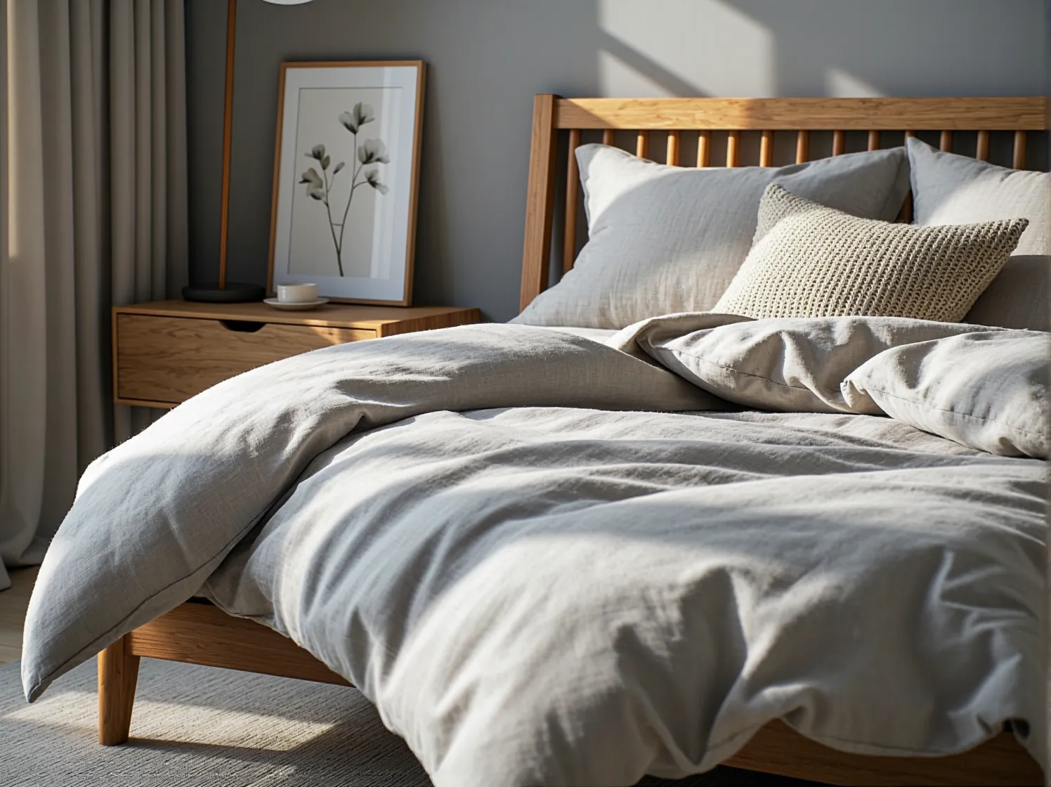 Aranżacja nowoczesnej sypialni z dużym łóżkiem skandynawskim i pasującymi szafkami nocnymi.