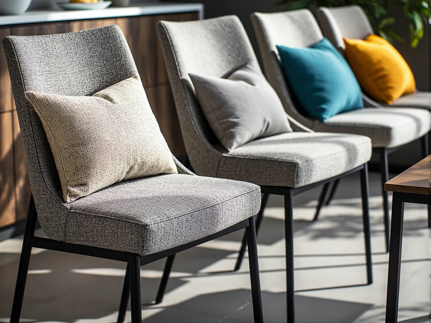 Zestaw czterech krzeseł do jadalni w stylu skandynawskim, które podkreślają minimalistyczny wystrój wnętrza.