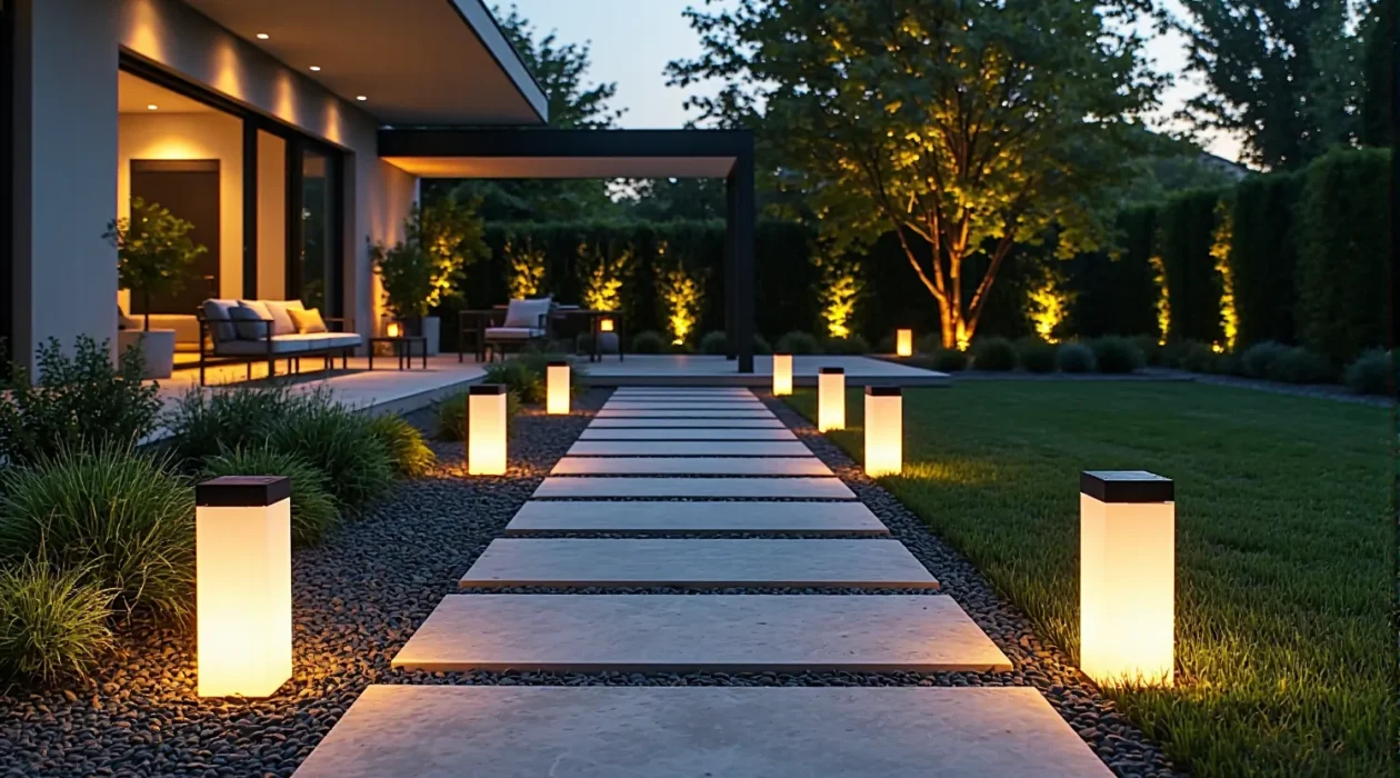 Minimalistyczne lampy solarne ogrodowe słupkowe z ciepłym światłem