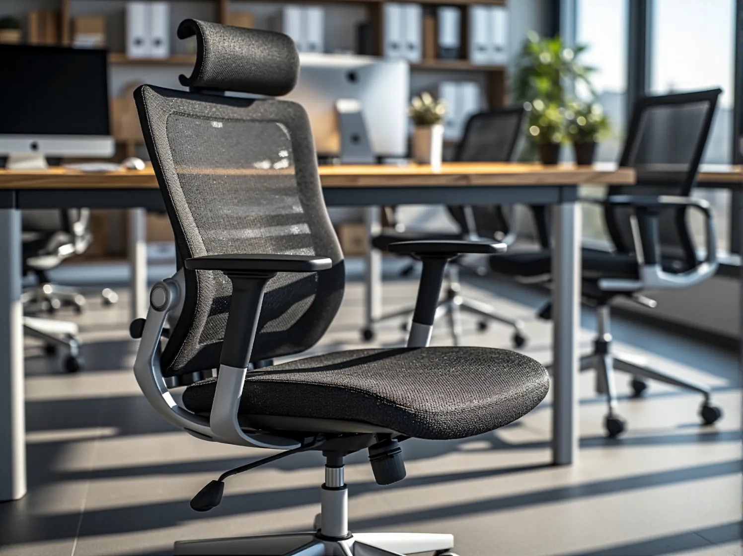 Nowoczesne meble biurowe zaprojektowane zgodnie z zasadami ergonomii zapewniające komfort pracy.