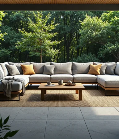 Narożny zestaw wypoczynkowy ogrodowy szary z drewnianą ramą