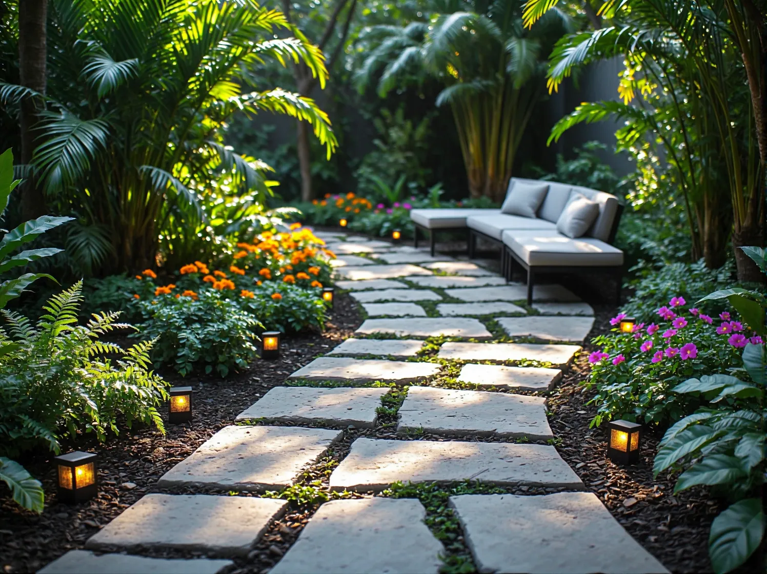 Nowoczesne oświetlenie ogrodowe podkreślające tropikalny charakter palm i paproci po zmroku.