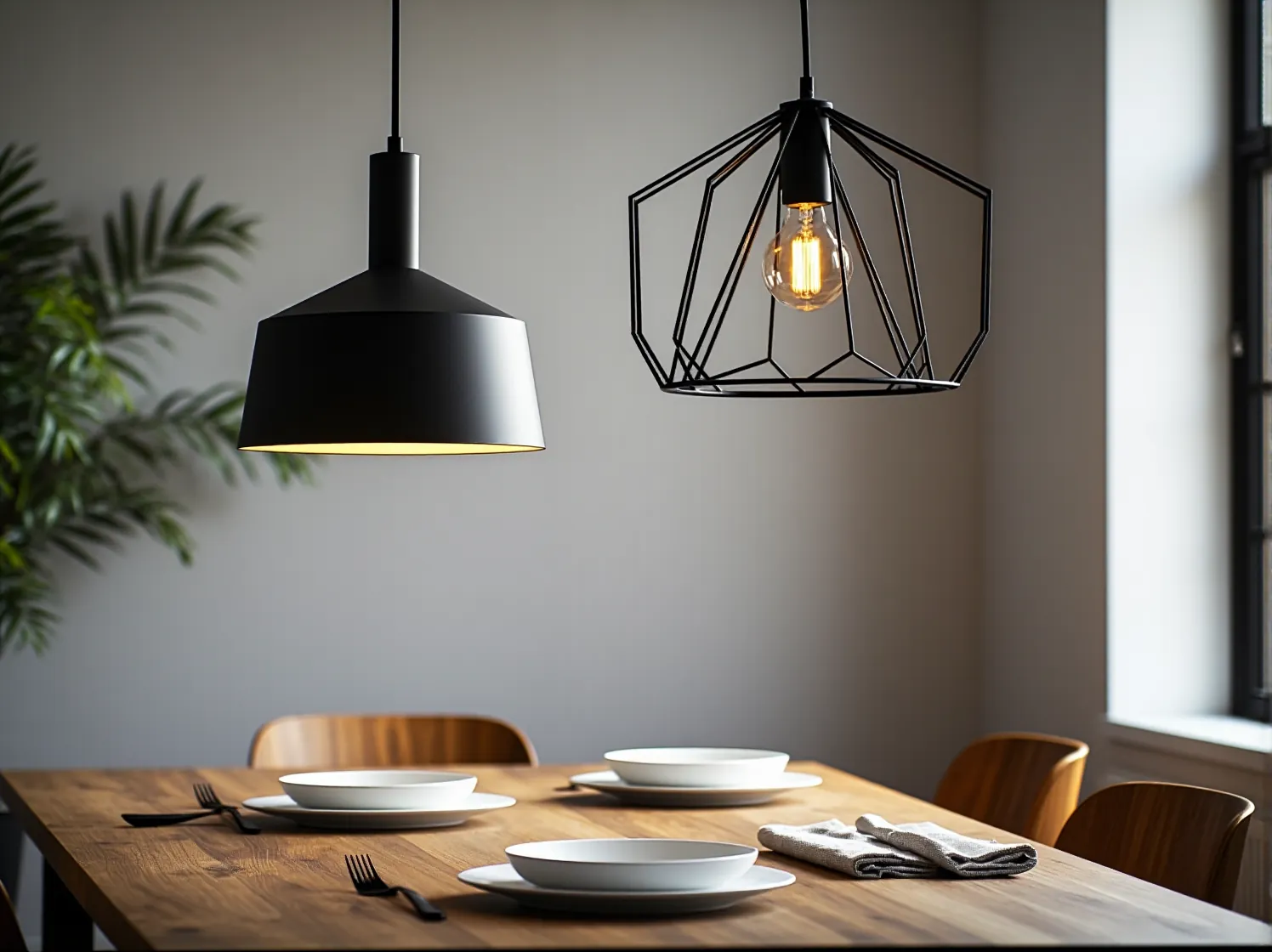 Czarna metalowa lampa wisząca nad drewnianym stolikiem kawowym w jasnym salonie.