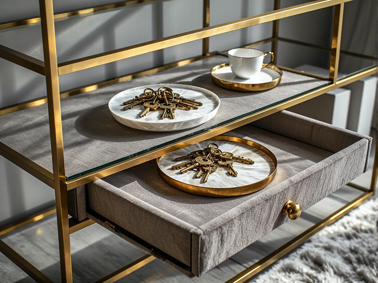 Regał modułowy glamour w nowoczesnym domowym biurze, pokazujący jego wszechstronne zastosowanie i elegancję.