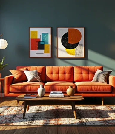 Pomarańczowa sofa trzyosobowa w stylu retro z pikowanym oparciem