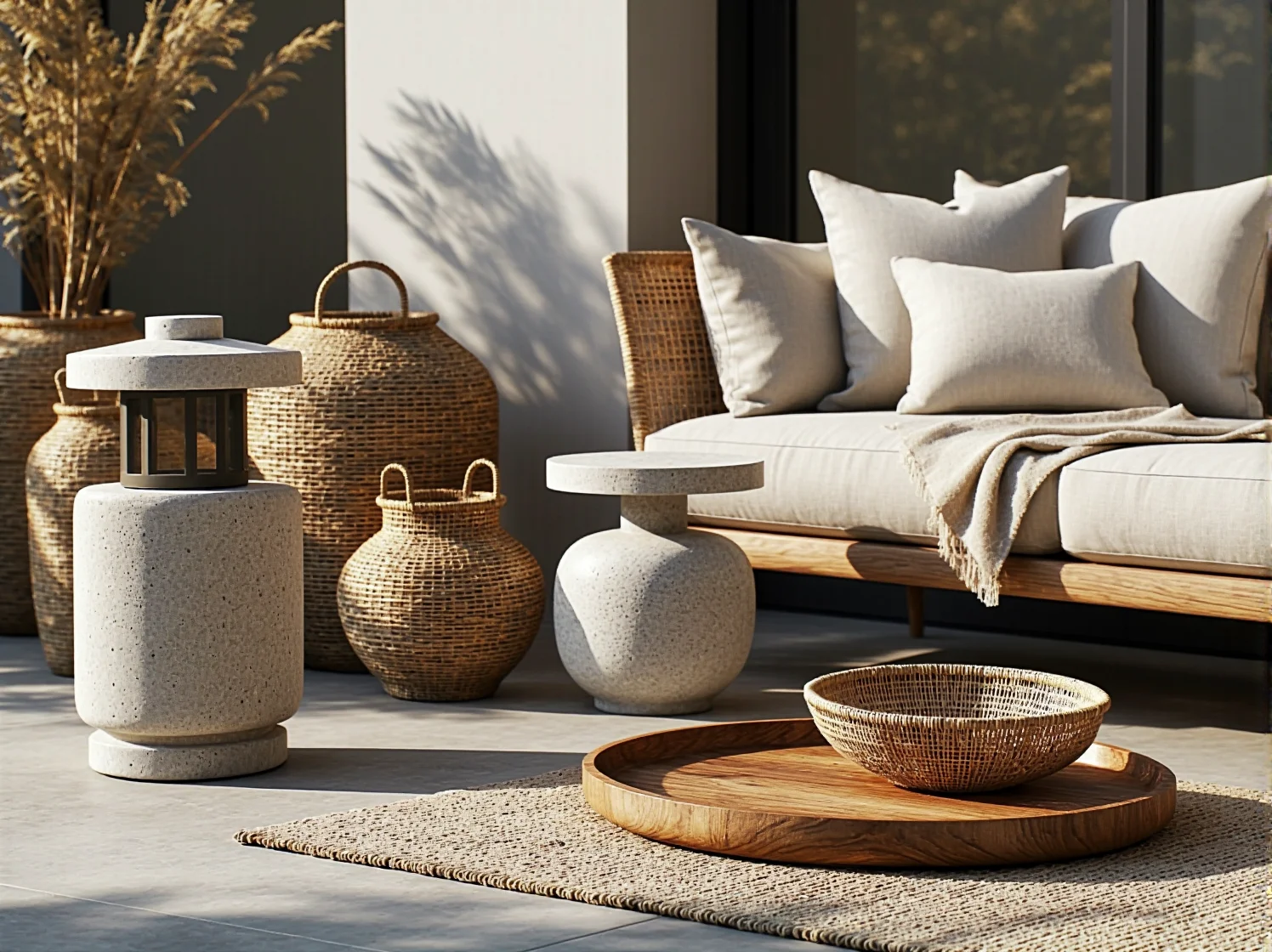 Roślinność i naturalne materiały na nowoczesnym tarasie japandi.