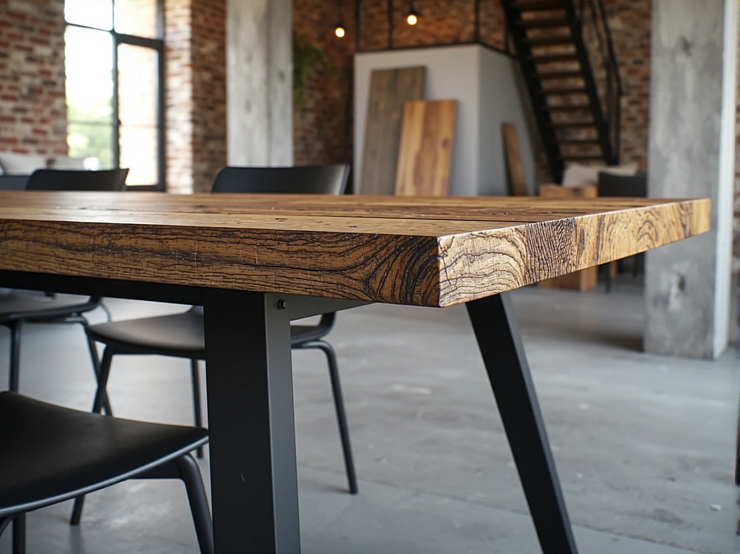 Okrągły stół jadalniany w stylu loft, idealny do mniejszej przestrzeni, z charakterystycznymi metalowymi nogami.