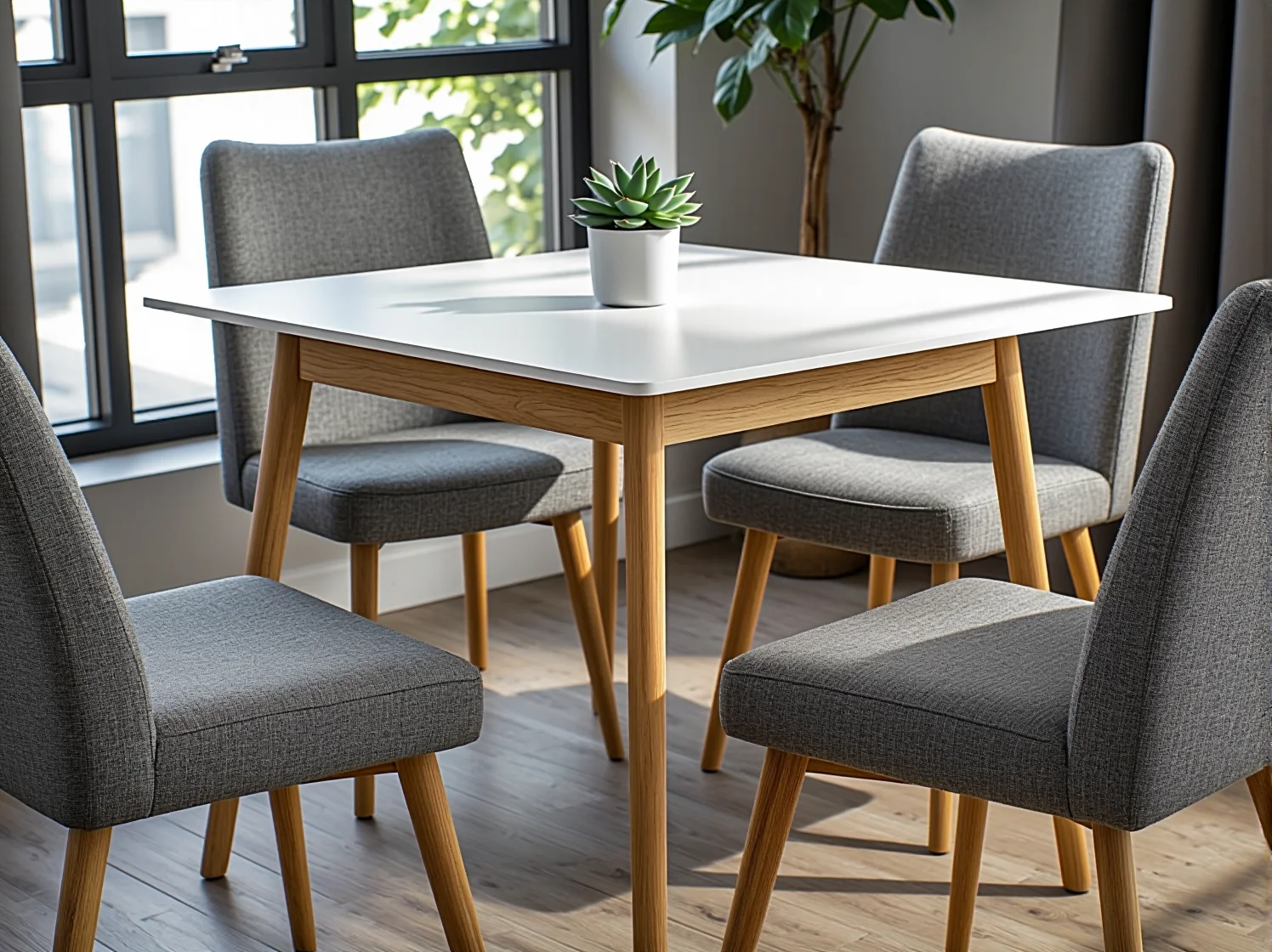 Okrągły, drewniany stół z krzesłami, idealnie dopasowany do narożnika w małej jadalni.