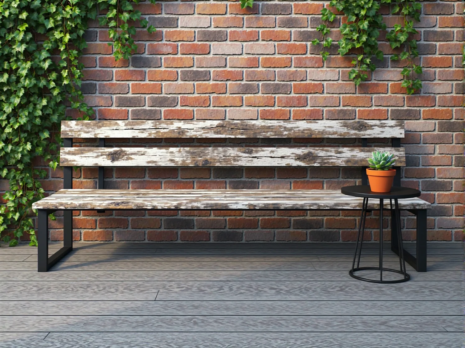 Zbliżenie na dłoń w rękawicy, która pędzlem nanosi olej ochronny na drewniany stół ogrodowy.