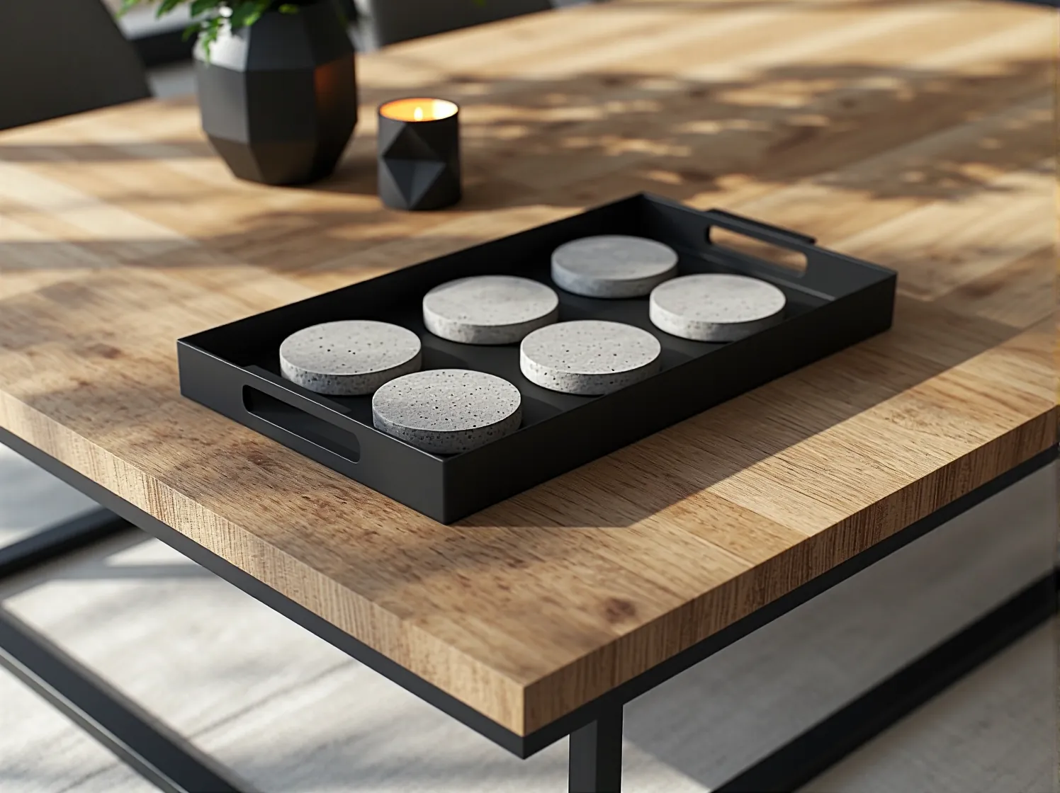 Czarne lampy LED oświetlające industrialny balkon wieczorem. Efektowne i energooszczędne rozwiązanie.