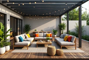 Zestaw mebli ogrodowych drewnianych z szarymi poduszkami i stolikiem