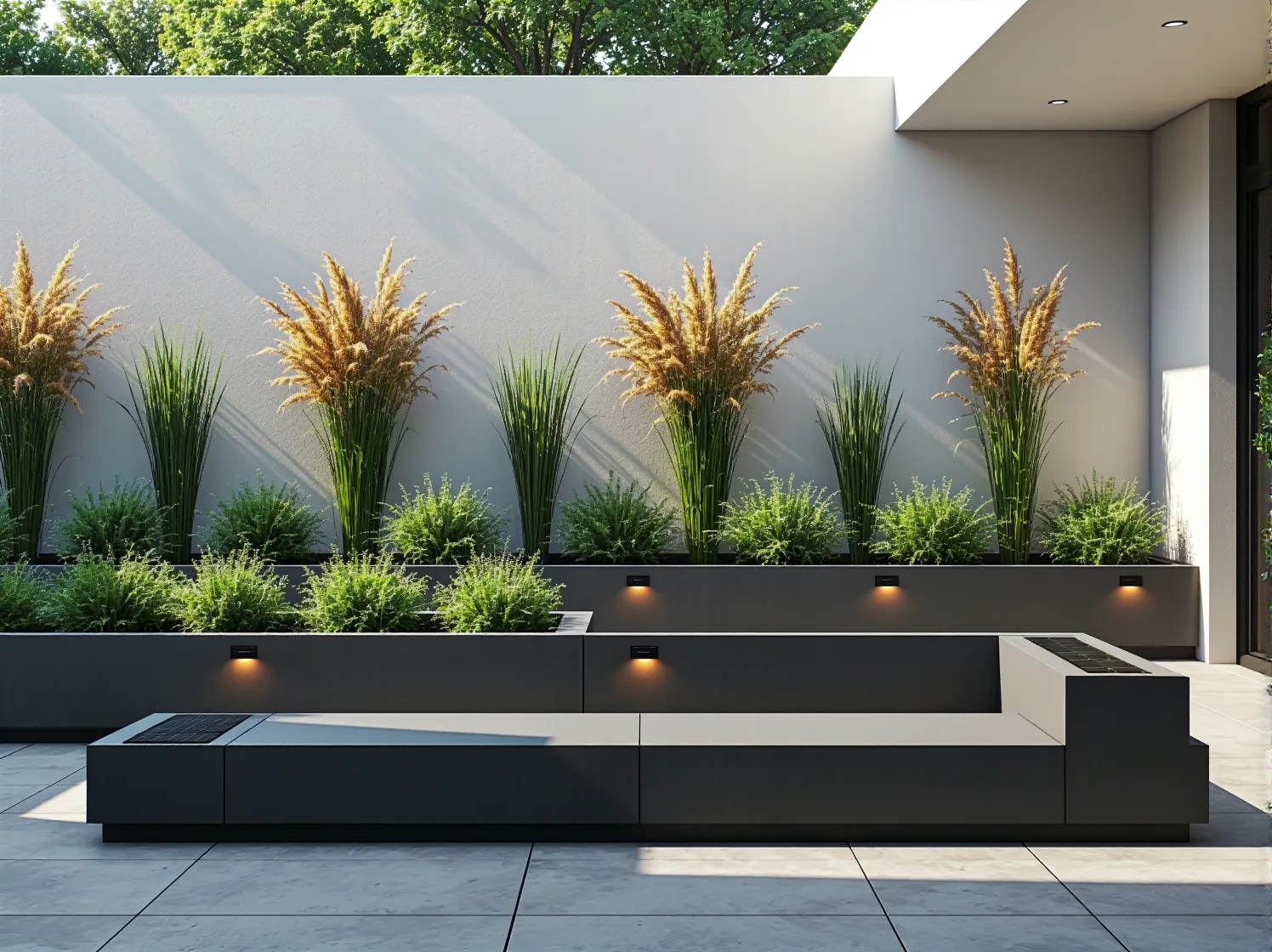 Oświetlenie solarne ścieżki w nowoczesnym ogrodzie z grysami i trawami.