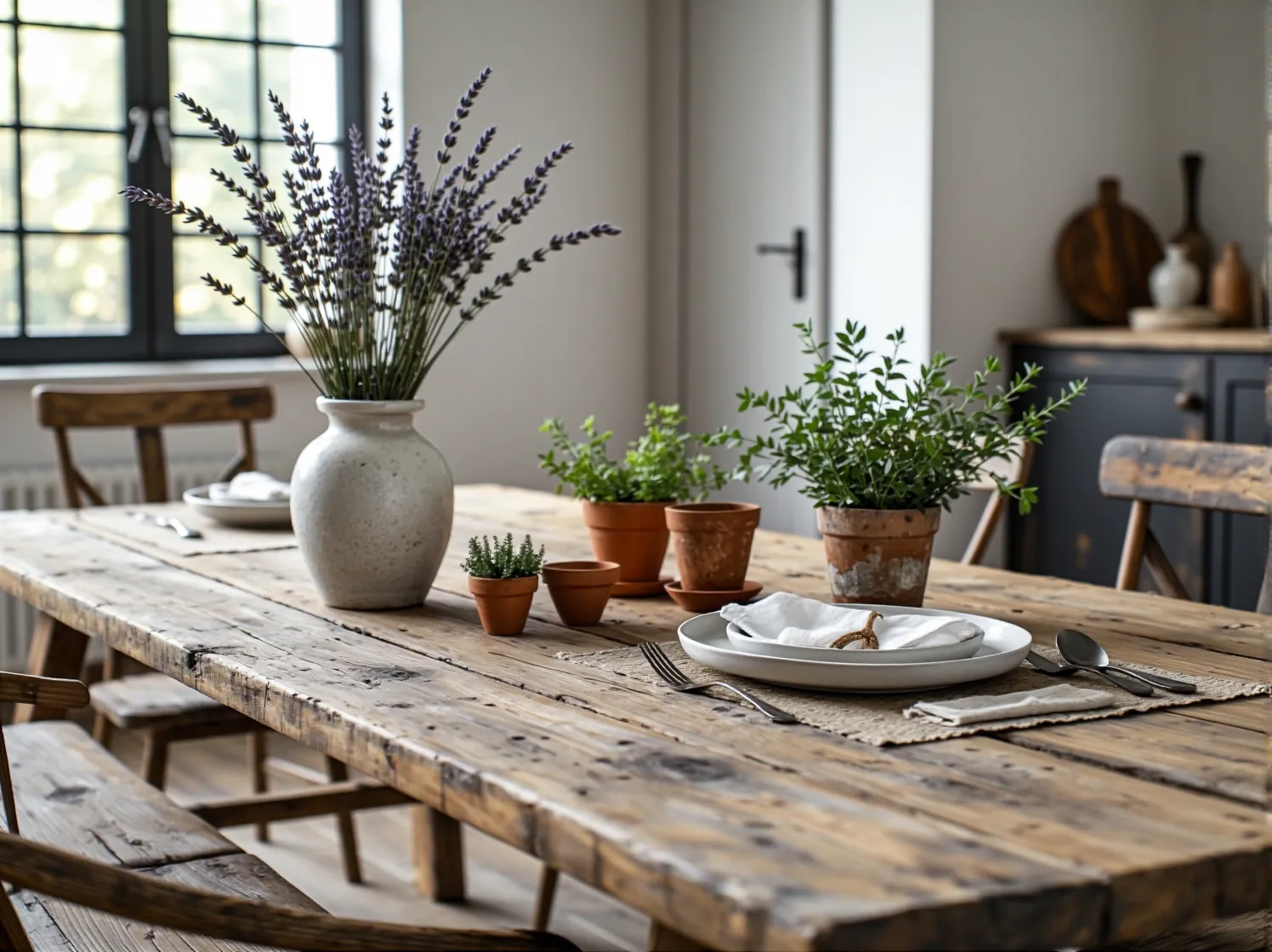 Funkcjonalne lampy ogrodowe oświetlające stół i krzesła pod pergolą w stylu prowansalskim.