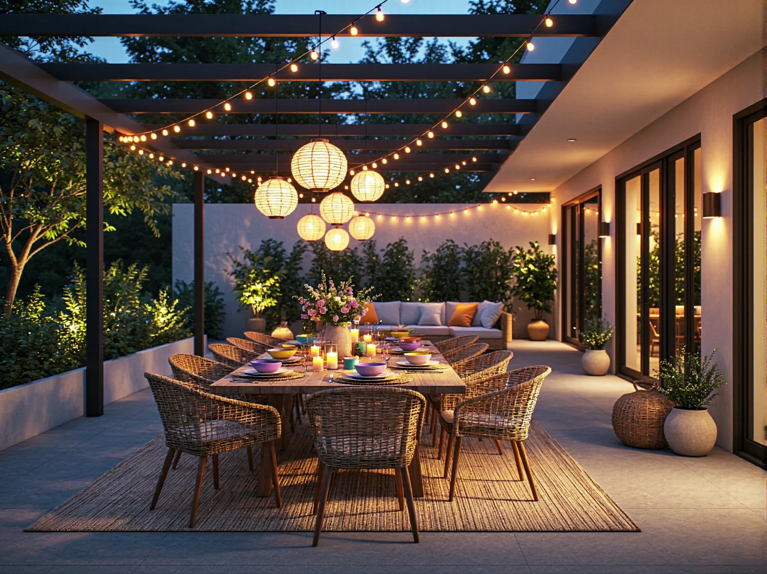 Nastrojowy taras boho wieczorem, oświetlony girlandą z pastelowych lamp LED, idealny do odpoczynku na świeżym powietrzu.