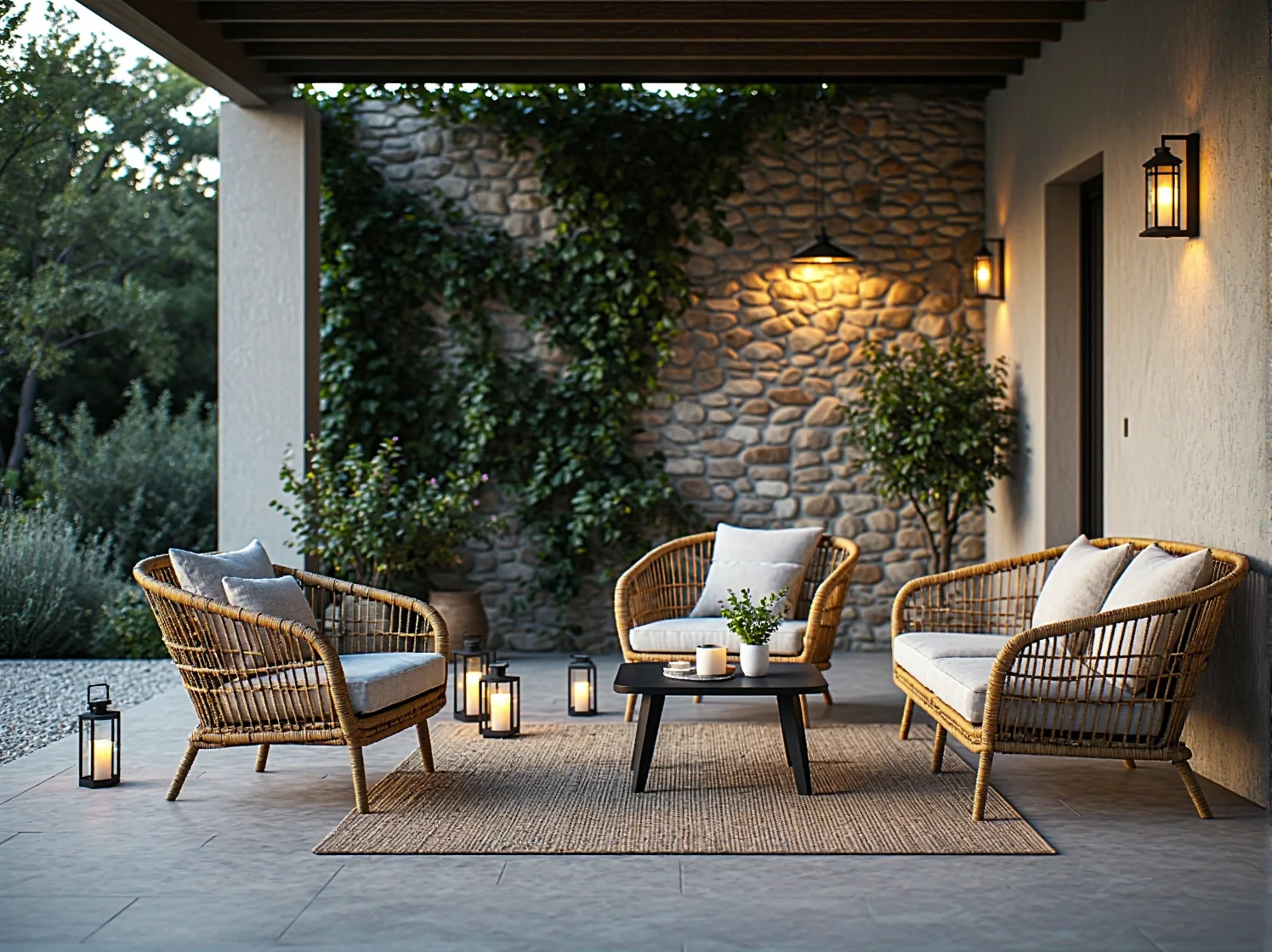 Wieczorny klimat na tarasie prowansalskim rozświetlonym przez ciepłe latarenki LED.