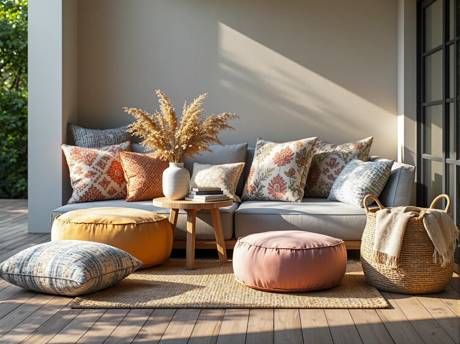 Zbliżenie na pastelowe lampy LED w stylu boho, które oświetlają taras delikatnym, nastrojowym światłem po zmroku.