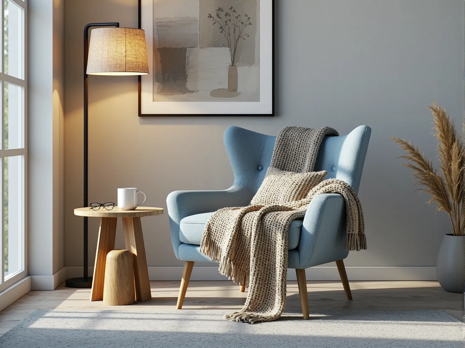 Pastelowe akcenty w salonie skandynawskim – detal z błękitnym fotelem, pledem i złotą lampą podłogową.