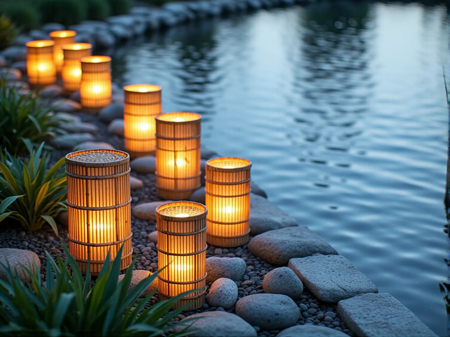 Podwodne lampy LED oświetlające dno i roślinność w tropikalnym oczku wodnym po zmroku.