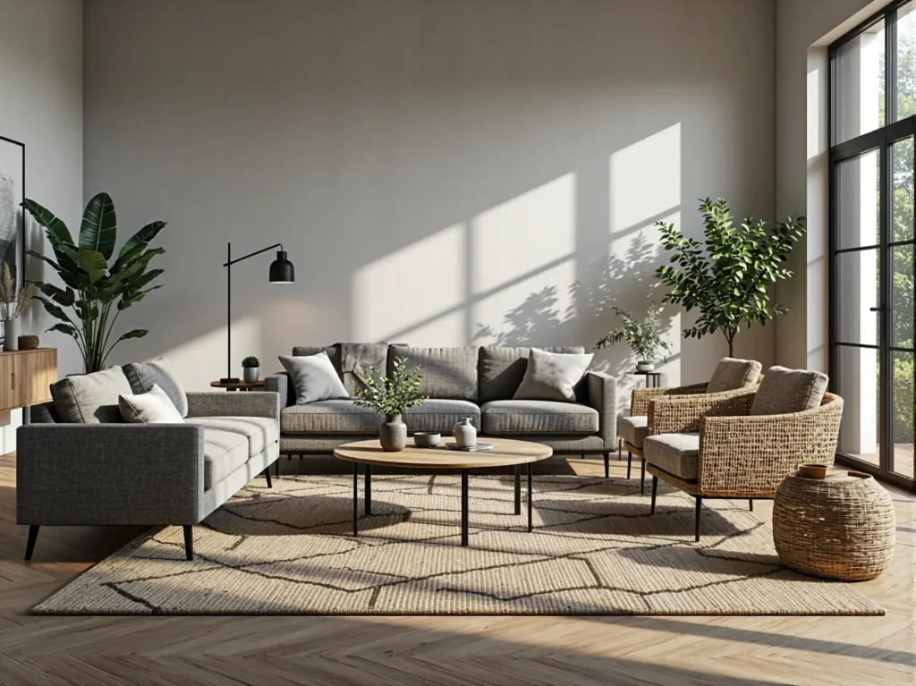 Szary komplet wypoczynkowy z sofą i fotelami na metalowych nóżkach