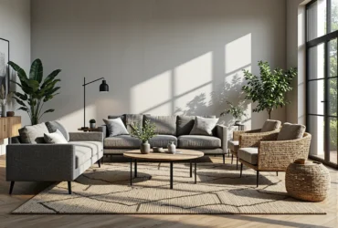 Szary komplet wypoczynkowy z sofą i fotelami na metalowych nóżkach