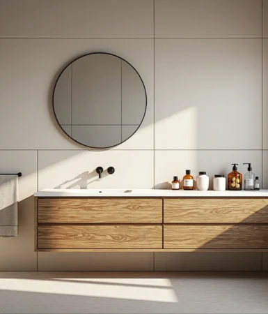 Wisząca szafka łazienkowa dębowa z czterema szufladami i białym blatem